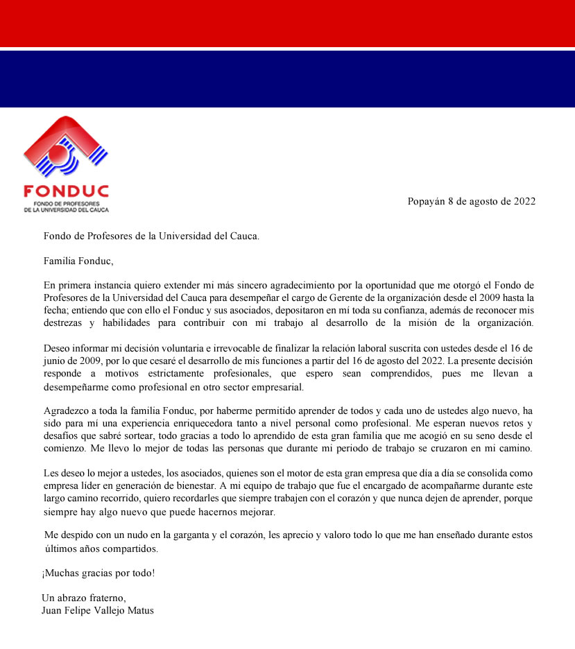 Carta De Despedida Del Gerente Juan Felipe Vallejo Matus